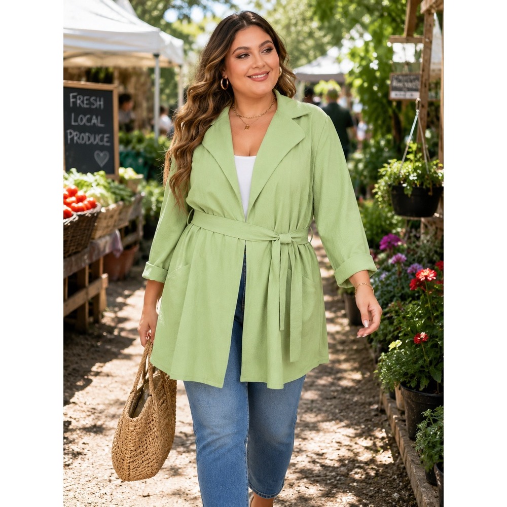 Sweet Rain Womans 3X Boho Kimono Cover Up Top Duster Green Belted Crepe‎ Pockets